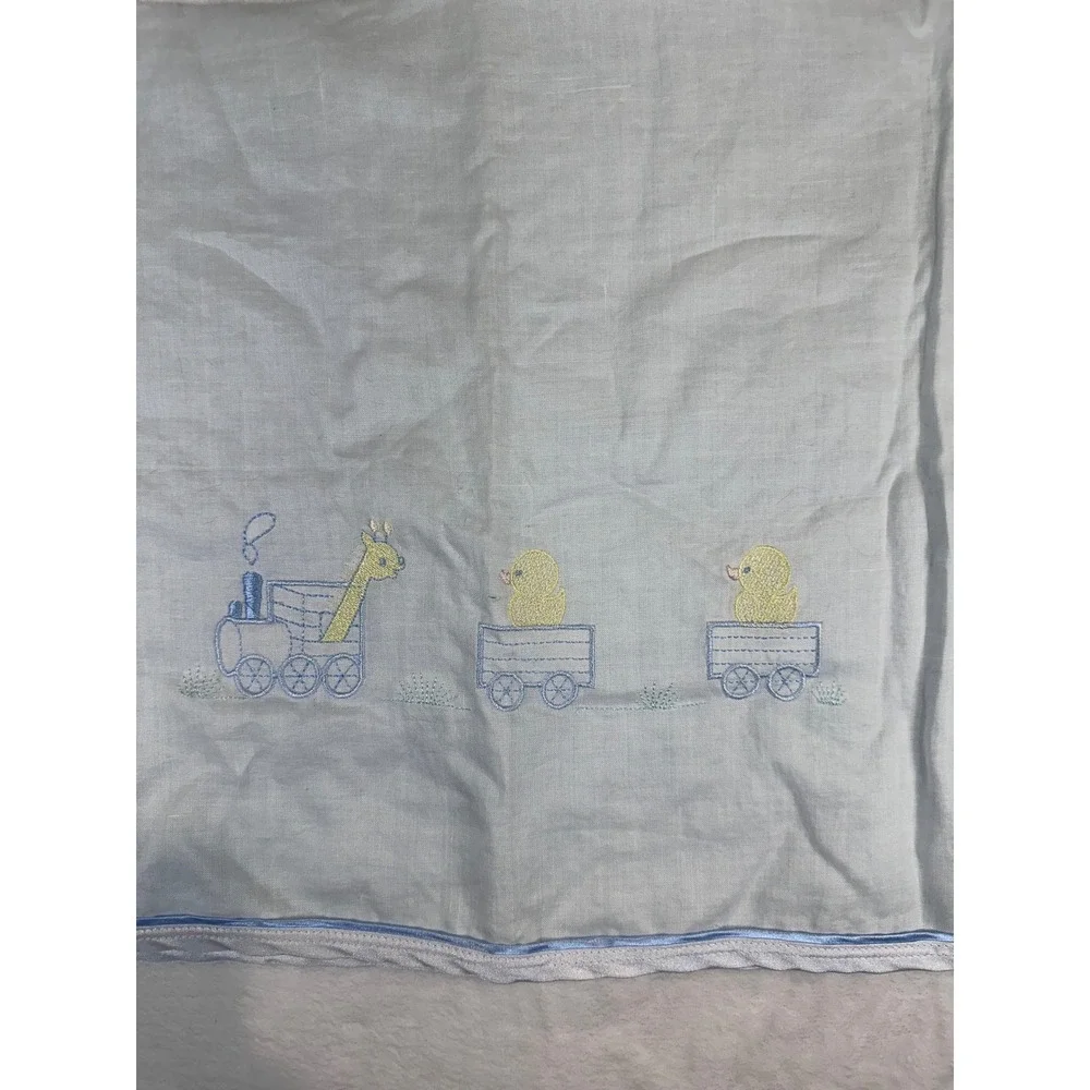 Will'beth Baby Blanket Blue Linen Embroidered Train Giraffe Duck Heirloom Kids